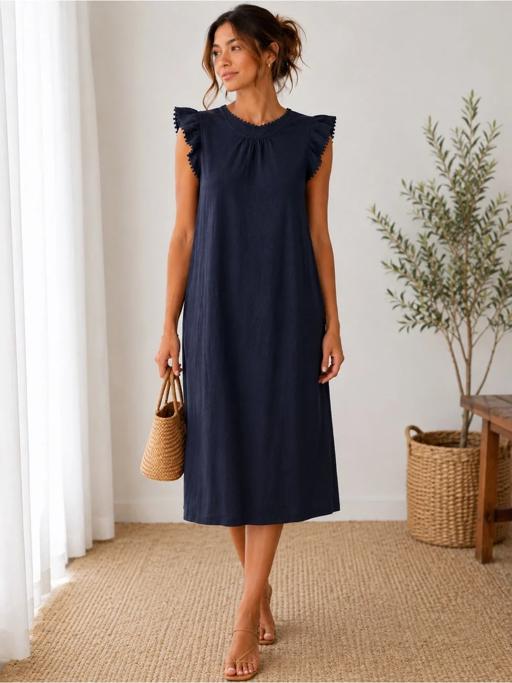 Boden Women’s Navy 100% Cotton Ruffle Sleeve Pom Pom Trim Dress. Size: 12L - Picture 1 of 5